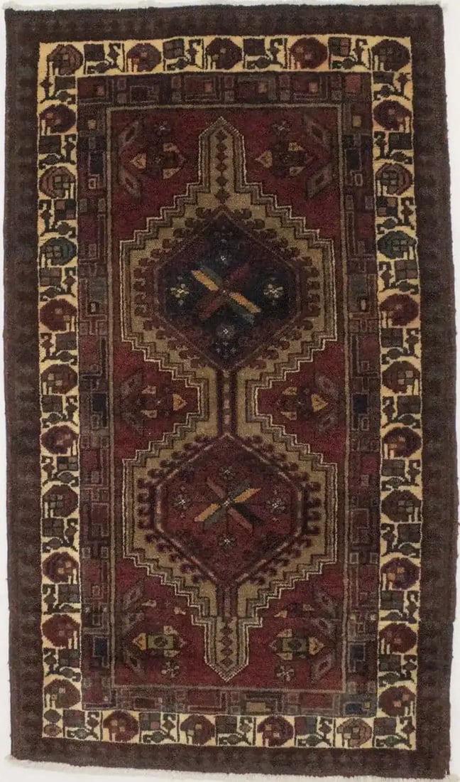 3'5 x 5'11 Wool Tribal Area Rug Hand Knotted Vintage Geometric Pattern: 3'5 x 5'11 Wool Tribal Area Rug Hand Knotted Vintage Geometric Pattern This handmade Oriental rug features a vintage geometric design in muted tones of red, khaki, ivory, dark green, and burgundy. Han