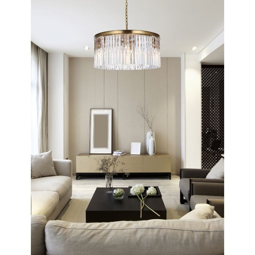 Sydney 31.5 in Crystal Chandelier Satin Gold 8 Light: Sydney 31.5 in Crystal Chandelier Satin Gold 8 Light Modern crystal chandelier with a satin gold finish and clear royal cut crystals. It features 8 lights, a round silhouette, and an adjustable height