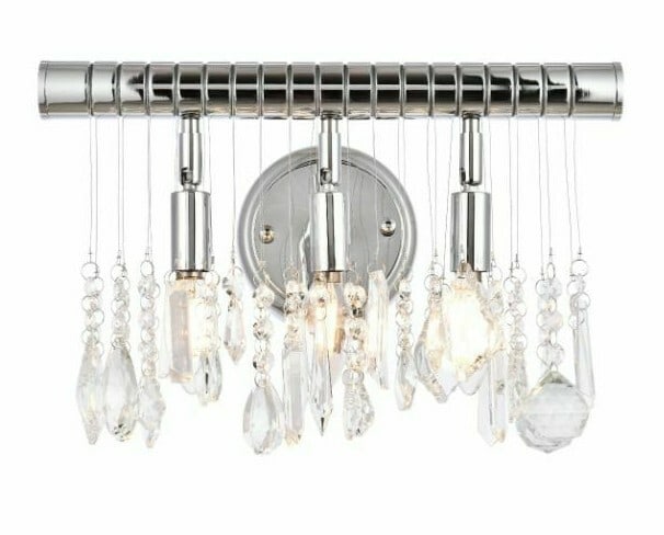 Chorus Line 3 Light Crystal Wall Sconce 16 in Chrome: Chorus Line 3 Light Crystal Wall Sconce 16 in Chrome Modern crystal wall sconce in a polished chrome finish, designed for indoor use in living rooms, dining rooms, bedrooms, bathrooms, kitchens, foyer