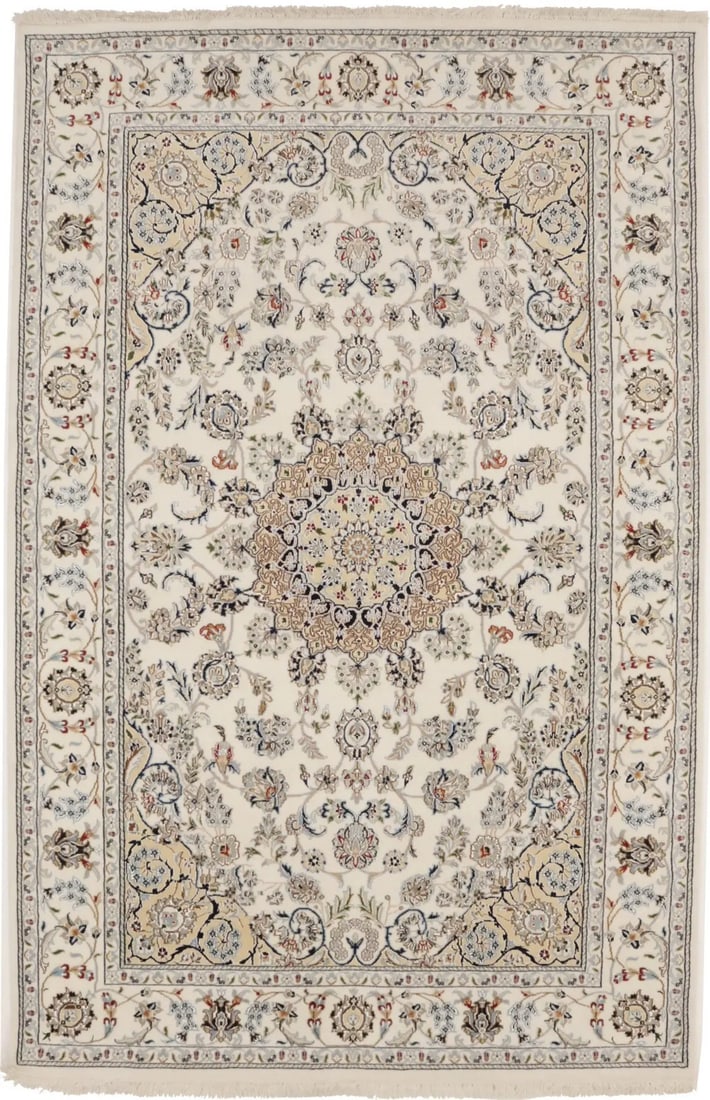 Hand-Knotted Indo-Nain Floral Rug 5'11 x 9'1 Wool Silk Eclectic Design: Hand-Knotted Indo-Nain Floral Rug 5'11 x 9'1 Wool Silk Eclectic Design Enhance your living space with this exquisite Extra Fine Hand-Knotted Indo-Nain Oriental Rug, measuring 5'11" x 9'1". This stunni