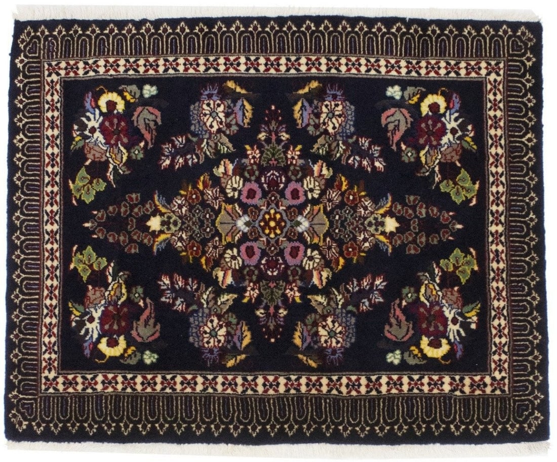 Wool Hand-Knotted Small Floral Area Rug Rectangular 2'6 x 3'1 Western Asia: Wool Hand-Knotted Small Floral Area Rug Rectangular 2'6 x 3'1 Western Asia This hand-knotted area rug features a classic floral design in a palette of navy blue, beige, pink, red, yellow, tan, green, 