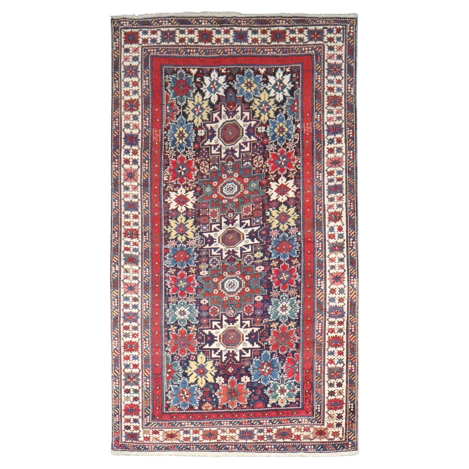 Kazak Hand-Knotted Wool Rug with Lesghi Snowflake Motif 57 x 97 in: Kazak Hand-Knotted Wool Rug with Lesghi Snowflake Motif 57 x 97 in This late 19th century Leshgi Caucasian rug features a distinctive snowflake pattern characteristic of the Kazak style. Hand-knotted 
