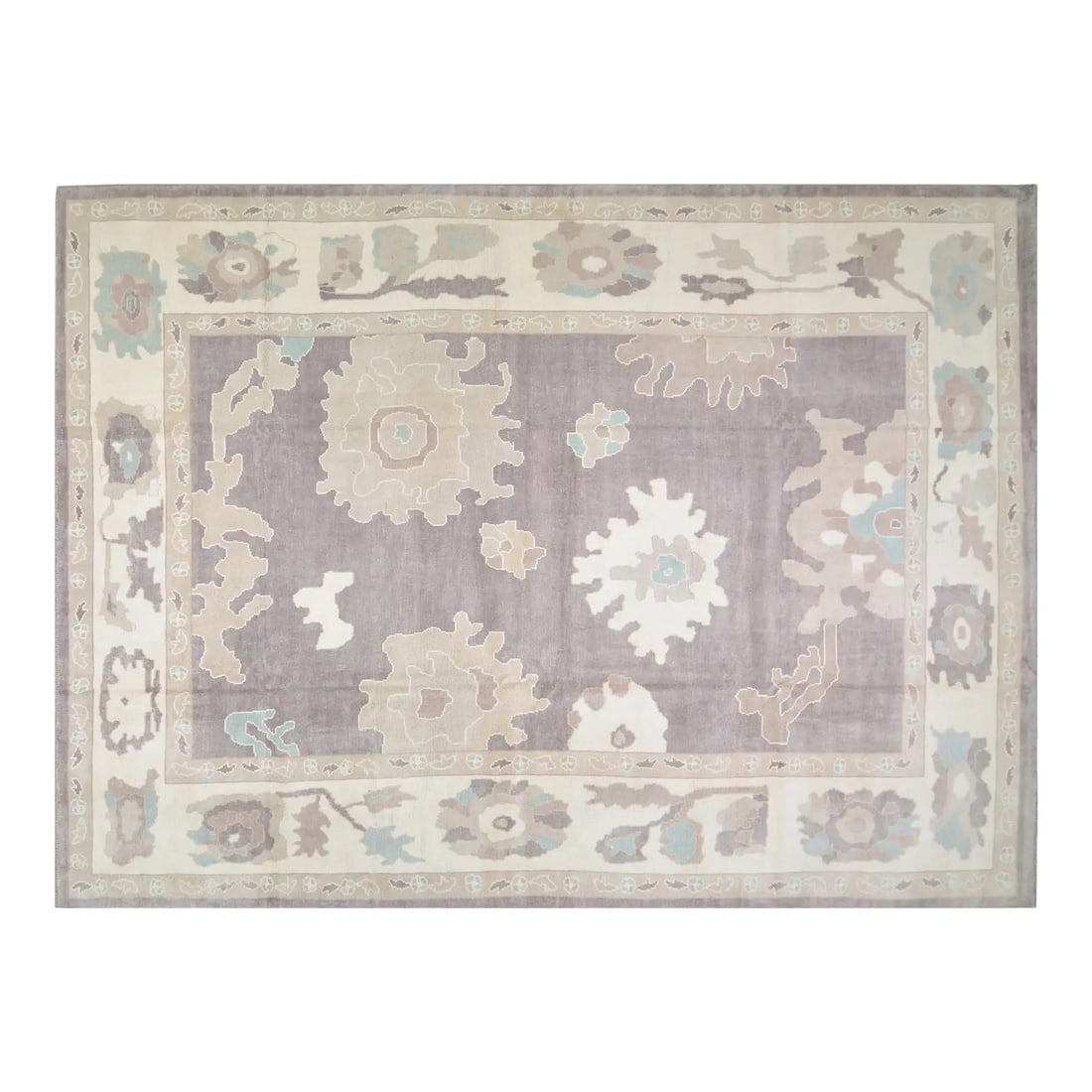 Hand Knotted Turkish Oushak Wool Rug in Soft Purple 10'6" x 14'6": Hand Knotted Turkish Oushak Wool Rug in Soft Purple 10'6" x 14'6" This Turkish Oushak rug from the 1990s features a hand-knotted construction using organic wool, offering a soft texture and a contempo
