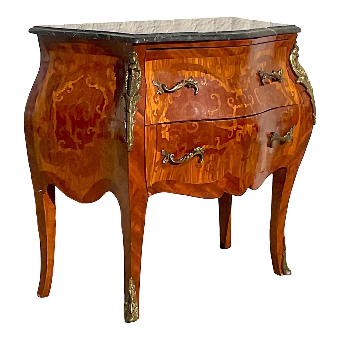 Vintage Regency Marquetry Bombe Chest with Black Marble Top: Vintage Regency Marquetry Bombe Chest with Black Marble Top This exquisite vintage Marquetry Bombe chest features intricate inlay details and is crowned with a sleek black marble top. The rich chocola