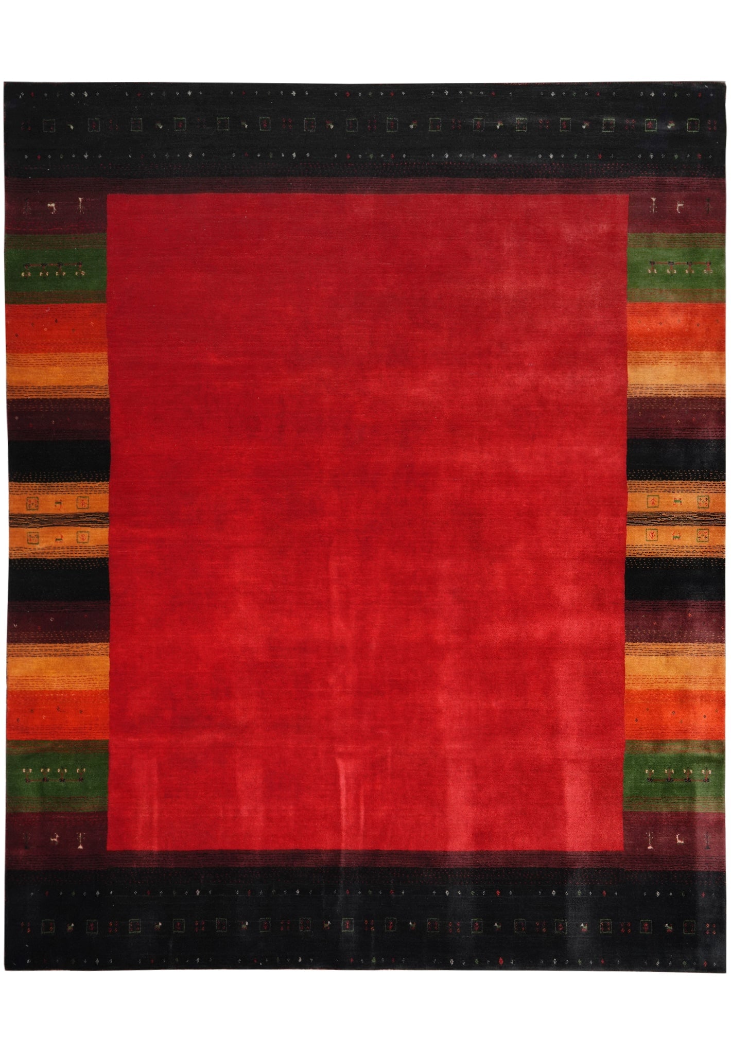 8 x 10 Persian Gabbeh Style Handmade Wool Rug Red Green Geometric: 8 x 10 Persian Gabbeh Style Handmade Wool Rug Red Green Geometric Free continental US Shipping This 8 x 10 Red Green Gabbeh Contemporary Handmade Wool Rug features a bold abstract geometric design in 
