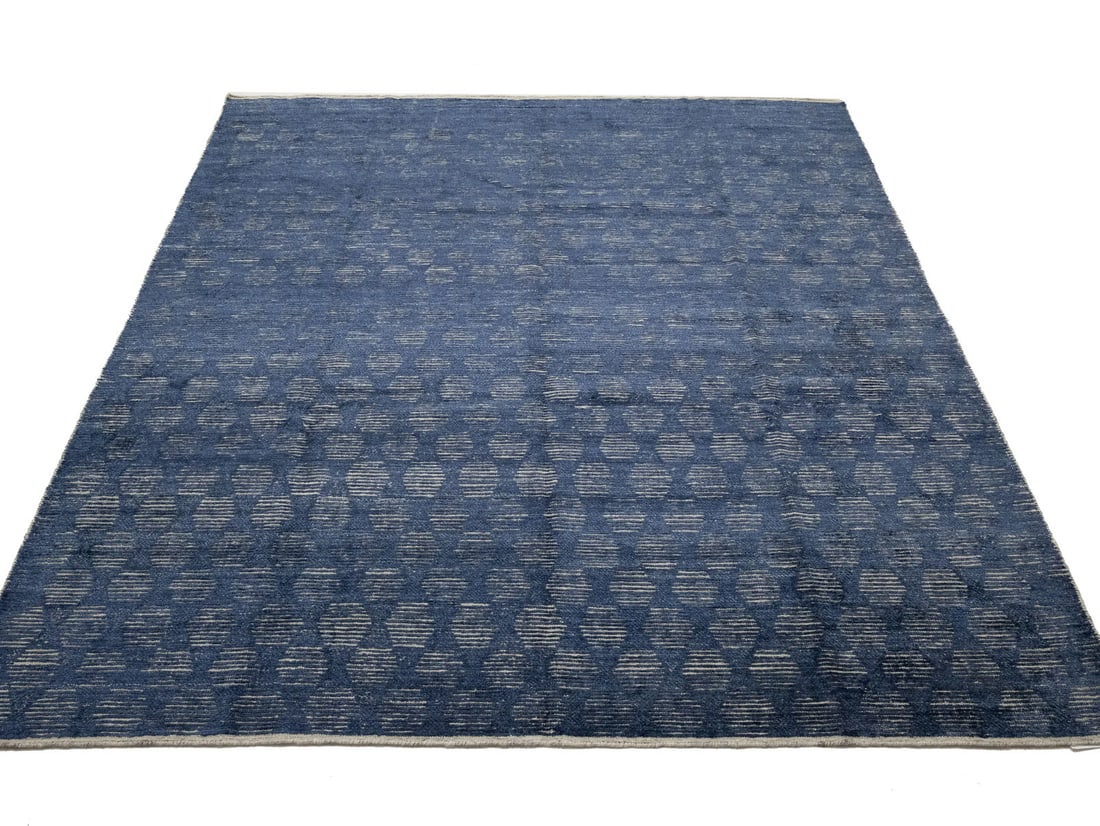 Hand-Knotted Modern Dark Navy Geometric Wool Area Rug 8'2 x 9'11: Hand-Knotted Modern Dark Navy Geometric Wool Area Rug 8'2 x 9'11 Transform your living space with this stunning Modern Oriental Rug, expertly crafted with a high-low relief design in a dark navy and p