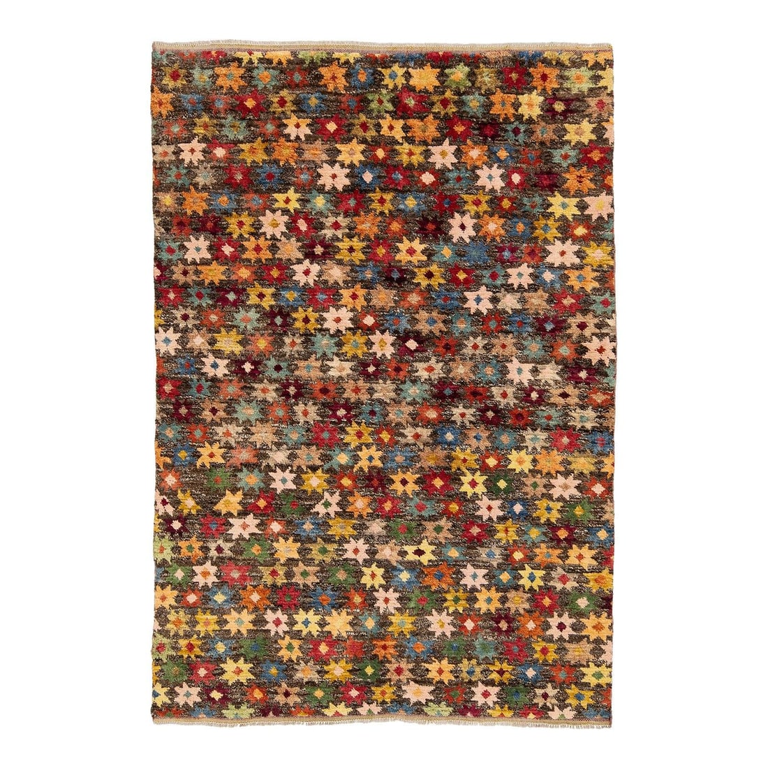 Baluch Style Wool Rug 5'6 x 8 Starburst Pattern: Baluch Style Wool Rug 5'6 x 8 Starburst Pattern This hand-knotted Baluch style wool rug features a dynamic geometric starburst pattern in an array of rich jewel tones, including ruby red, amber, turqu