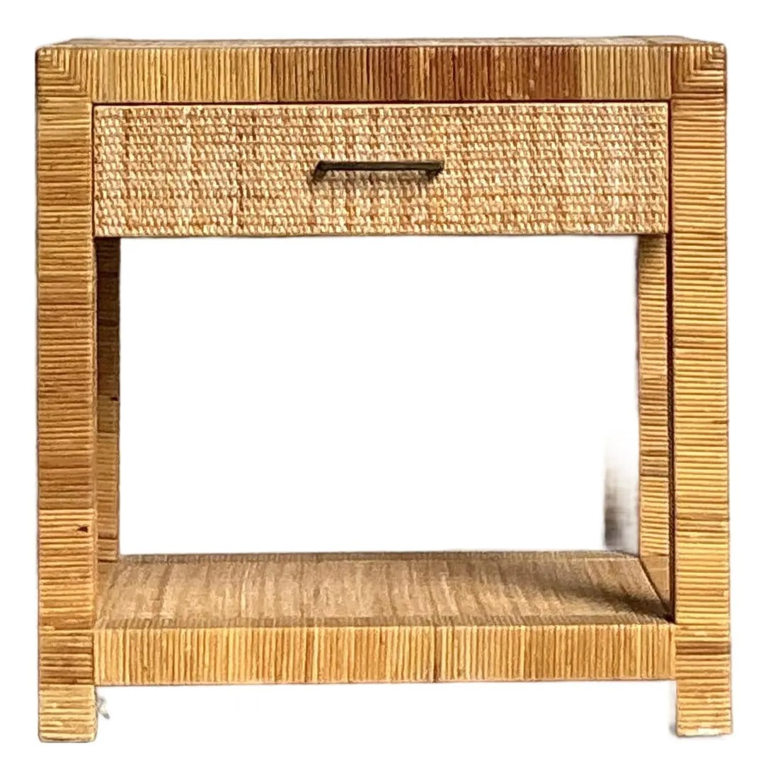 Mid Century Rattan Nightstand With Woven Cane Accents: Mid Century Rattan Nightstand With Woven Cane Accents This vintage nightstand by Bielecky Brothers showcases American craftsmanship with a sophisticated Mid-Century Coastal style. Constructed with tig
