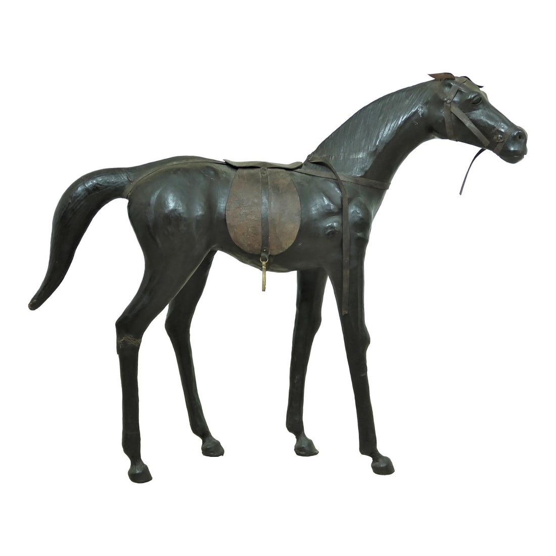 1930s Vintage Black Leather Equestrian Horse Statue: 1930s Vintage Black Leather Equestrian Horse Statue This vintage leather equestrian statue, dating back to the 1930s, features fine details with tightly wrapped leather, showcasing a unique artistic d