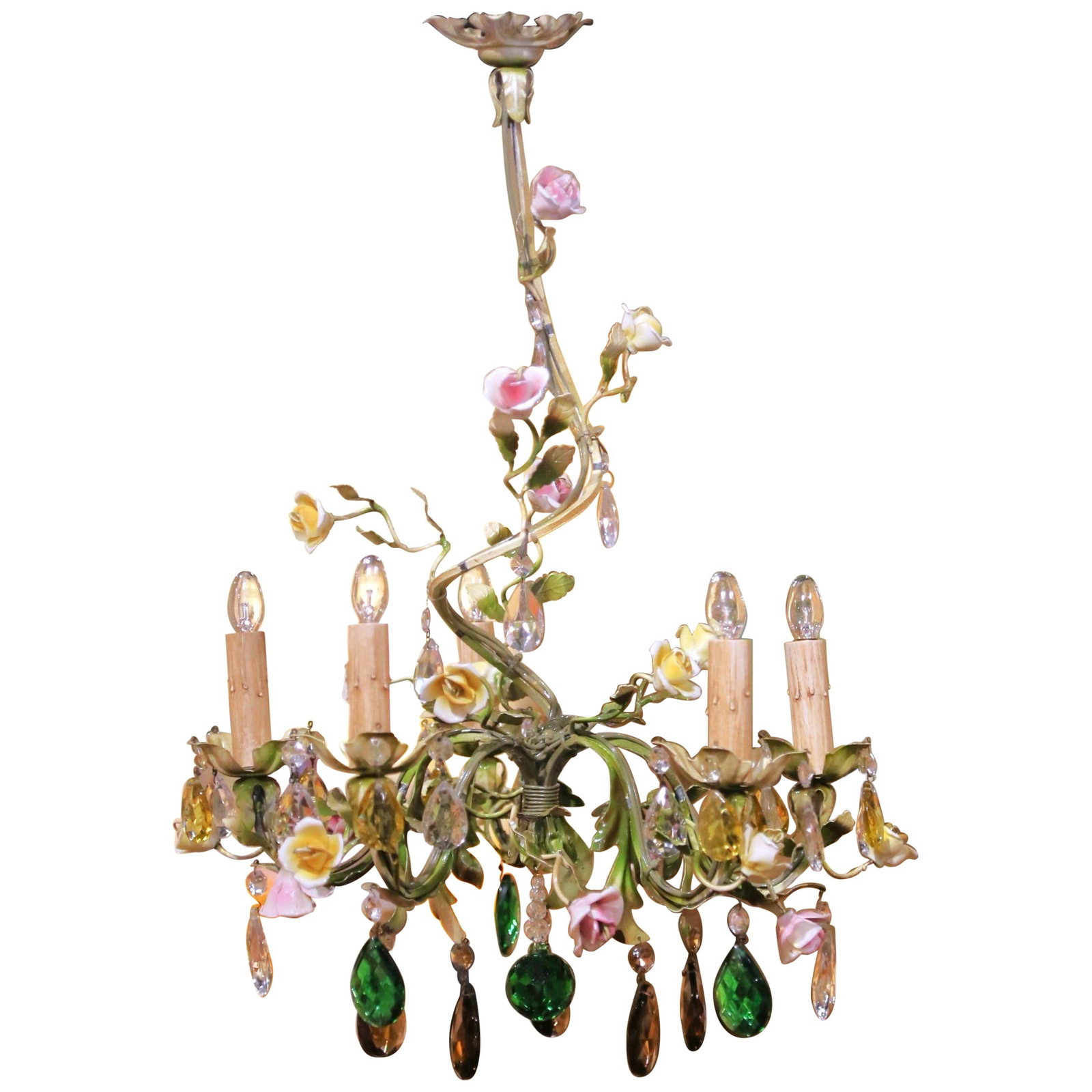 French circa 1920 floral chandelier with porcelain crystal and 5 lights (1 of 9)