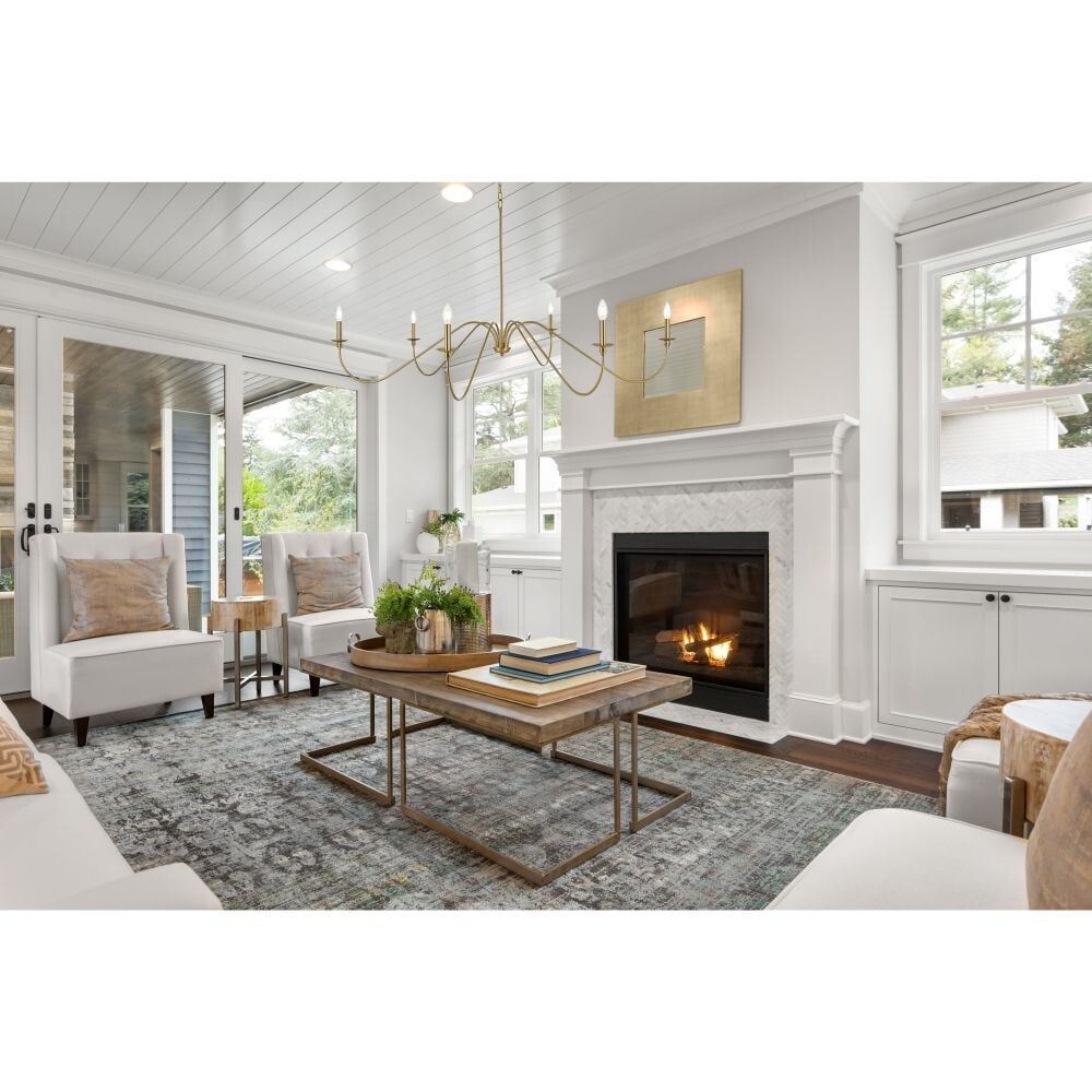Living District Rohan 6 Light Satin Gold 60 in Chandelier: Living District Rohan 6 Light Satin Gold 60 in Chandelier Modern farmhouse chandelier with a satin gold finish and 6-light design. It features a hardwired installation, adjustable height, and a metal 