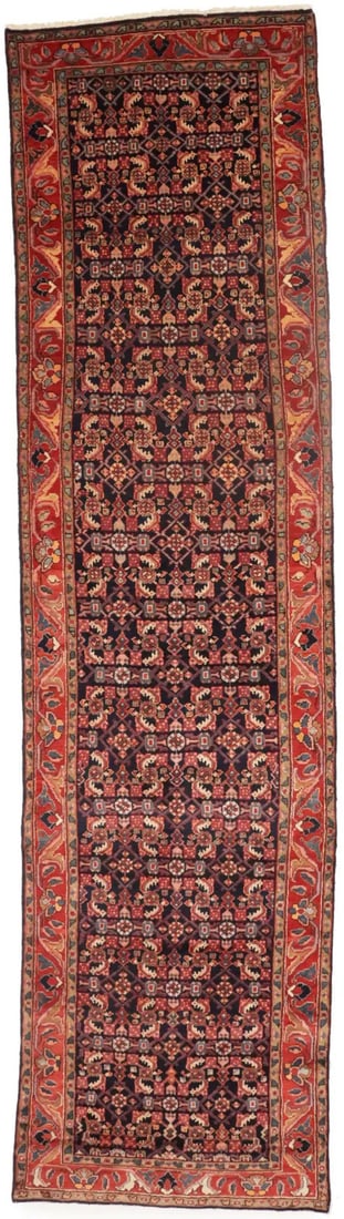 Handmade wool tribal runner rug 3'8 x 14'2 vintage floral: Handmade wool tribal runner rug 3'8 x 14'2 vintage floral This handmade semi-antique runner rug features a striking tribal oriental design with a floral pattern. Hand-knotted in Western Asia during th