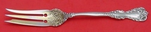 Gold Washed 3 Tine Spinach Fork Revere International Sterling 7 1/4: Gold Washed 3 Tine Spinach Fork Revere International Sterling 7 1/4 A Revere by International sterling silver spinach fork with a gold washed finish and three tines. It measures 7 1/4 inches and is no