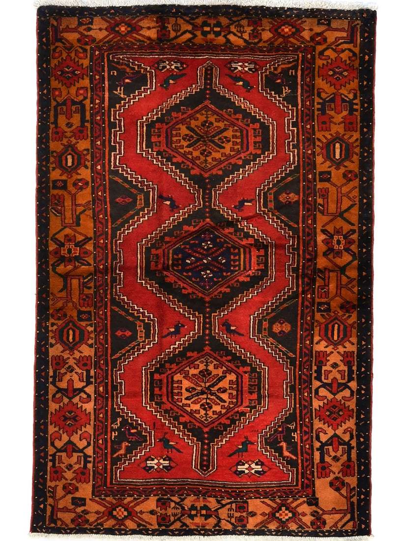 Hand-Knotted Wool Tribal Geometric Vintage Area Rug 4'4 x 6'10 Rectangle: Hand-Knotted Wool Tribal Geometric Vintage Area Rug 4'4 x 6'10 Rectangle This handmade Oriental rug features a striking geometric tribal pattern in rich red, cream, dark brown, marigold, and other ton