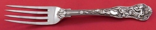 7 Inch Sterling Silver Fish Fork Bacchanalian Pattern WT England: 7 Inch Sterling Silver Fish Fork Bacchanalian Pattern WT England An English sterling silver fish fork in the Bacchanalian pattern, measuring 7 inches in length. It was made by WT, is not monogrammed, 
