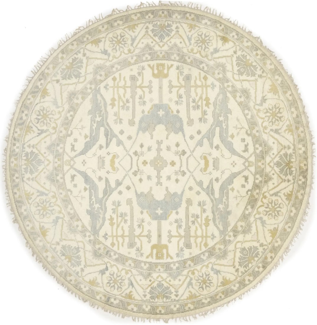 Hand-Knotted Cream Round Oushak Floral Rug 9'0 ft Eco Friendly: Hand-Knotted Cream Round Oushak Floral Rug 9'0 ft Eco Friendly Enhance your living space with this exquisite hand-knotted round Oushak rug, featuring a beautiful floral pattern in muted colors includi