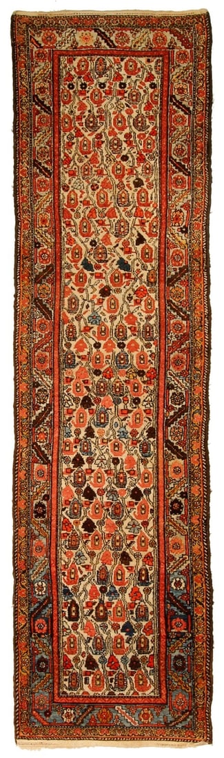 Antique Beige Wool Hand Knotted Persian Senneh Runner 3 x 13 ft (1 of 6)
