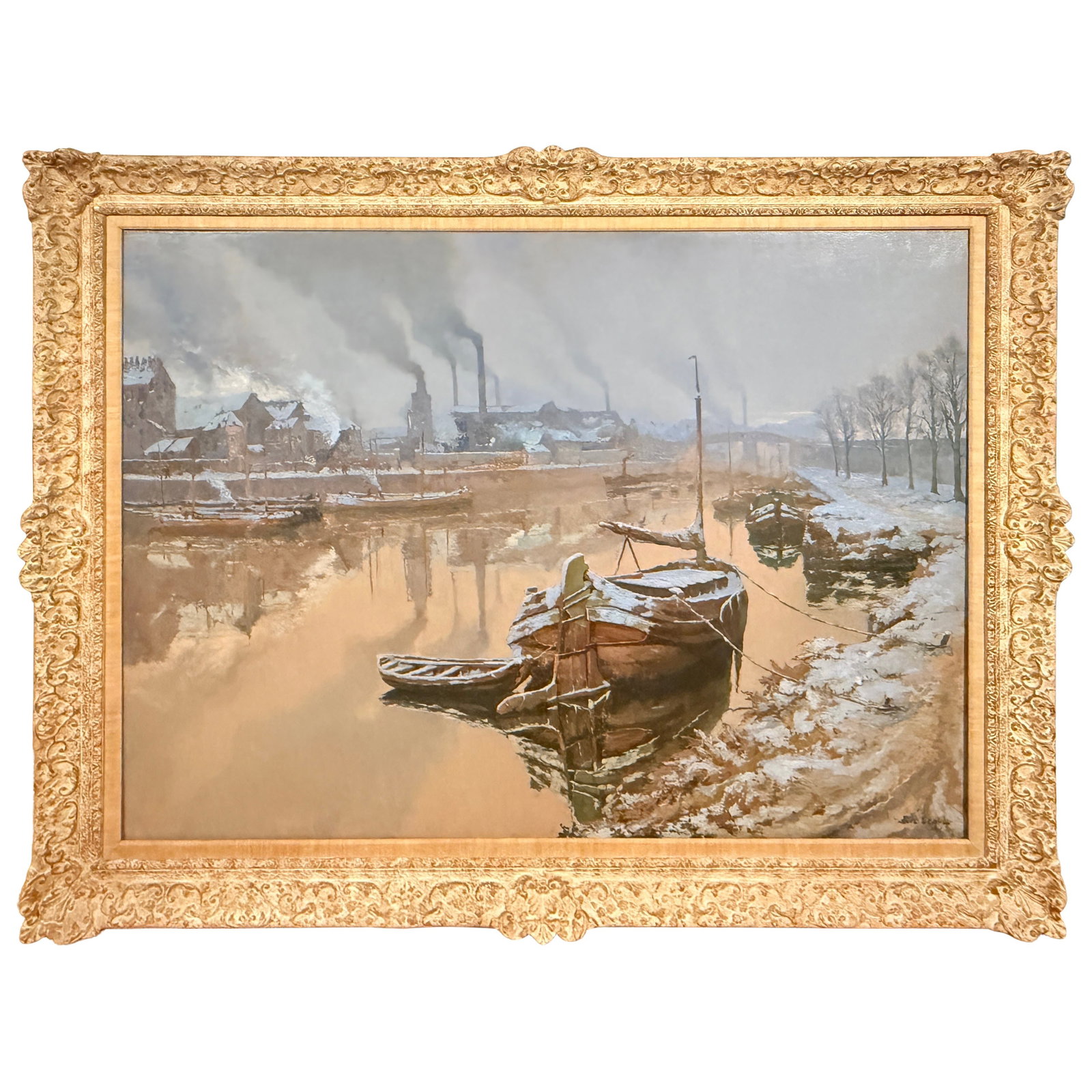 Monumental Oil Painting by Paul Leduc The Seine in Winter Paris 1911: Monumental Oil Painting by Paul Leduc The Seine in Winter Paris 1911 Experience the grandeur of early 20th-century Paris with Paul Leduc's monumental oil painting, **The Seine in Winter, Paris** (c. 1