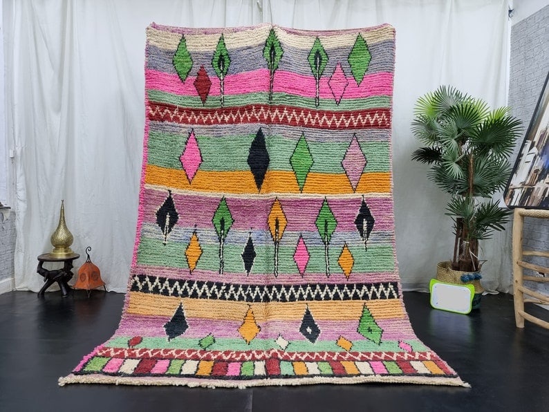 Handwoven Colorful Rug 100% Sheep Wool Morocco 10 x 5 Feet: Handwoven Colorful Rug 100% Sheep Wool Morocco 10 x 5 Feet Enhance your living space with this stunning, authentic handmade colorful rug. Crafted by local Berber women weavers in the scenic Middle Atl