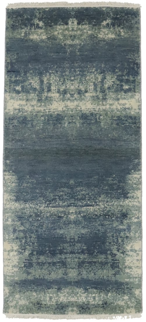Hand-knotted wool runner 2'9 x 6'0 abstract modern multicolored: Hand-knotted wool runner 2'9 x 6'0 abstract modern multicolored This handmade contemporary runner rug features a multicolored abstract pattern in shades of gray, navy, cream, and other tones. Crafted 