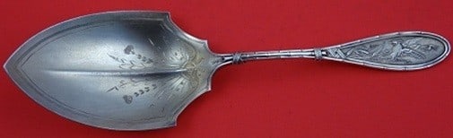 Whiting Japanese Sterling Silver Salad Serving Spoon Shield Bowl 9 1/4: Whiting Japanese Sterling Silver Salad Serving Spoon Shield Bowl 9 1/4 Sterling silver salad serving spoon by Whiting in the Japanese pattern, also known as New Japanese by Whiting. It features a brig
