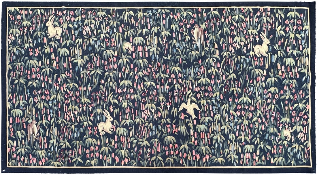 Signed French Wool Tapestry 4 x 8 Birds and Bunnies (1 of 11)