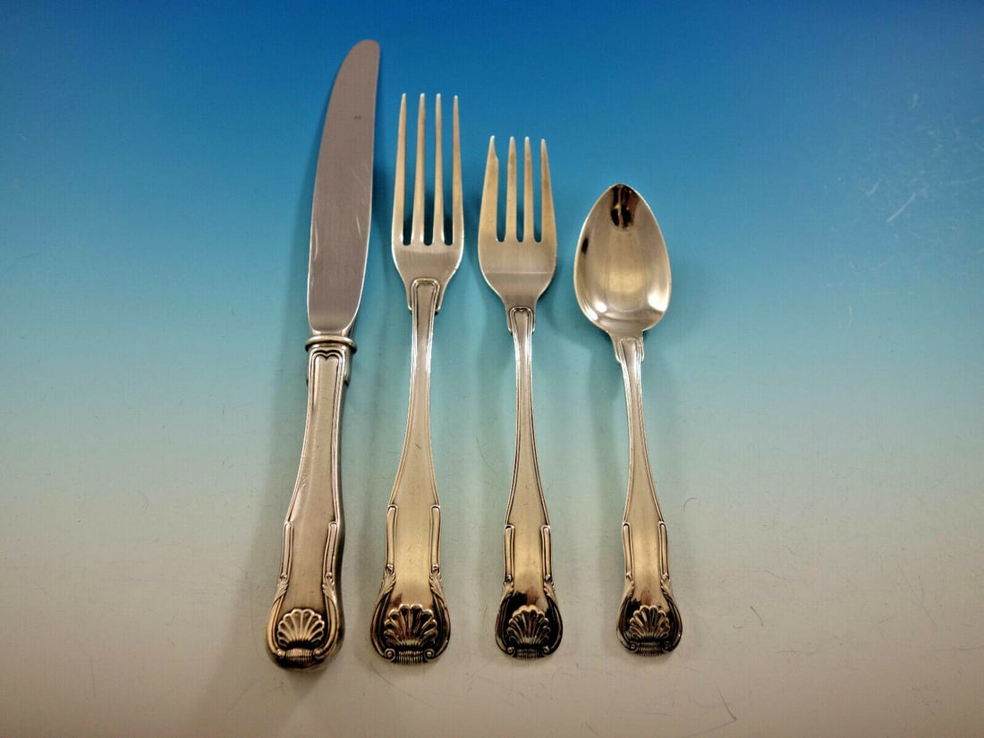 Kirk King Sterling Silver Flatware Set 24 Pieces Shell Motif with Caddy: Kirk King Sterling Silver Flatware Set 24 Pieces Shell Motif with Caddy Introducing the King by Kirk Sterling Silver Flatware Set, a stunning collection crafted between 1900 and 1940. This 24-piece