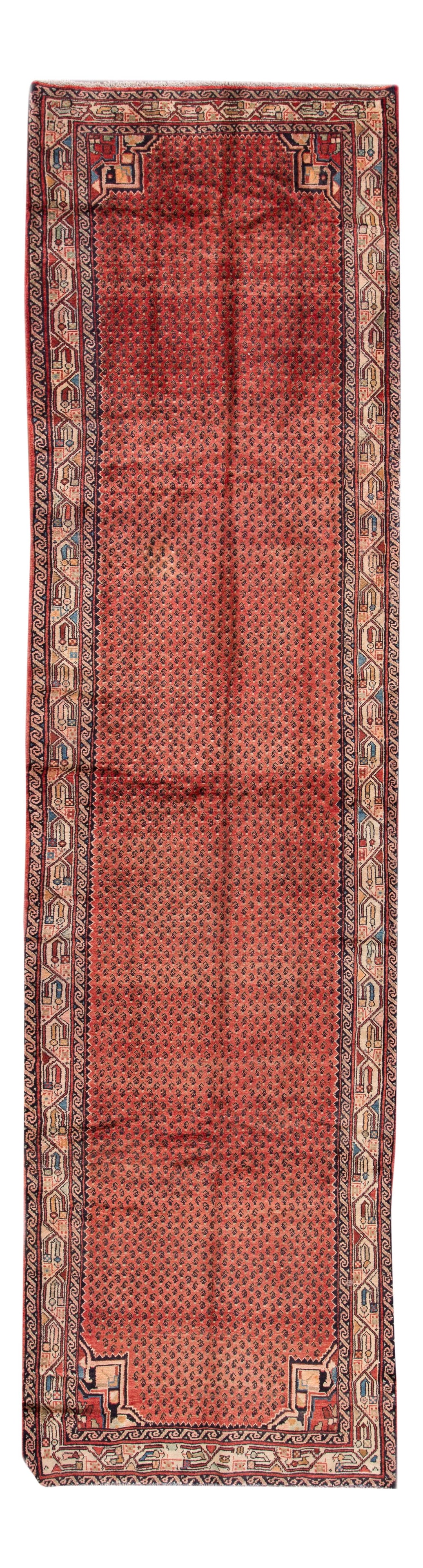 Vintage Hamadan Handmade Wool Runner Red Multi-Medallion 3'8 x 14'9: Vintage Hamadan Handmade Wool Runner Red Multi-Medallion 3'8 x 14'9 This stunning vintage Hamadan handmade wool runner features a vibrant red field adorned with a captivating allover multi-medallion d