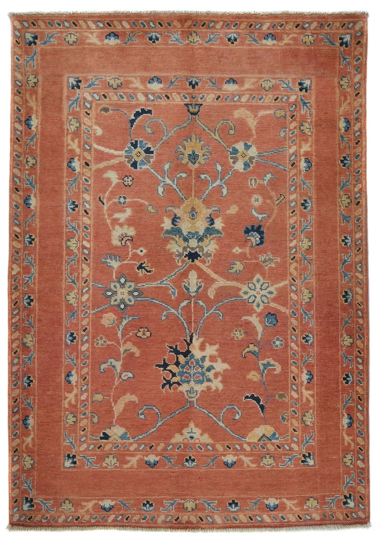 Hand-Knotted Kazak Oushak Wool Rug Floral Modern 3'4 x 4'10: Hand-Knotted Kazak Oushak Wool Rug Floral Modern 3'4 x 4'10 Enhance your space with this stunning Hand-Knotted Kazak Oushak Rug, showcasing a beautiful floral pattern in vibrant shades of orange, blue