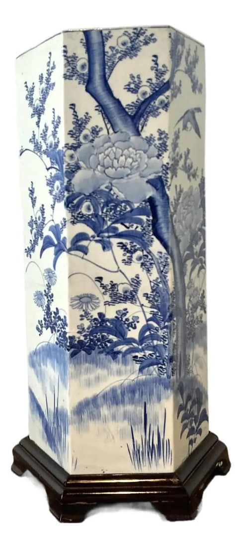 Hexagonal Blue White Porcelain Umbrella Stand on Wood Pedestal (1 of 10)