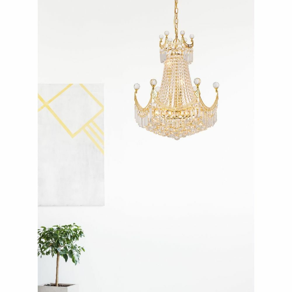 Gold Empire Crystal Chandelier 9 Light 28 Inch CORONA: Gold Empire Crystal Chandelier 9 Light 28 Inch CORONA This gold-finished crystal chandelier features a modern Empire style and is designed for indoor use in spaces such as dining rooms, living rooms, 