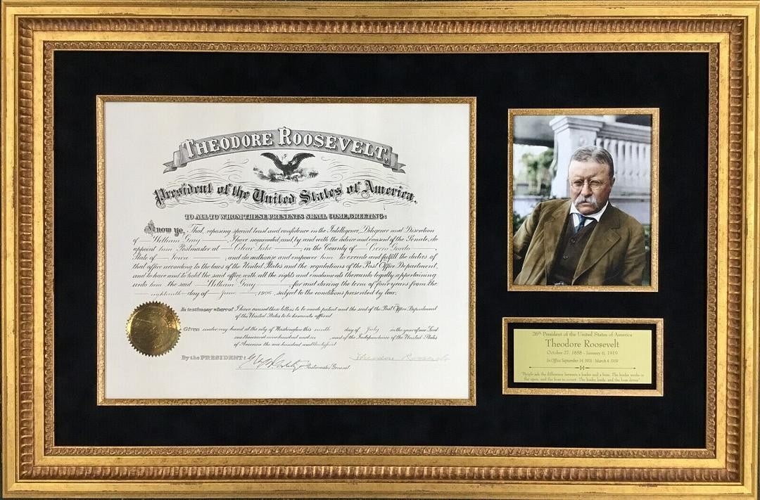 Framed Theodore Roosevelt signed postal appointment with plaque (1 of 4)
