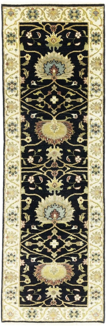 Hand Knotted Wool Floral Chobi Runner 2'6 x 7'11: Hand Knotted Wool Floral Chobi Runner 2'6 x 7'11 This is a hand-knotted Chobi runner rug featuring a floral pattern in a modern regional design. Crafted from wool, the rug displays a palette of black,