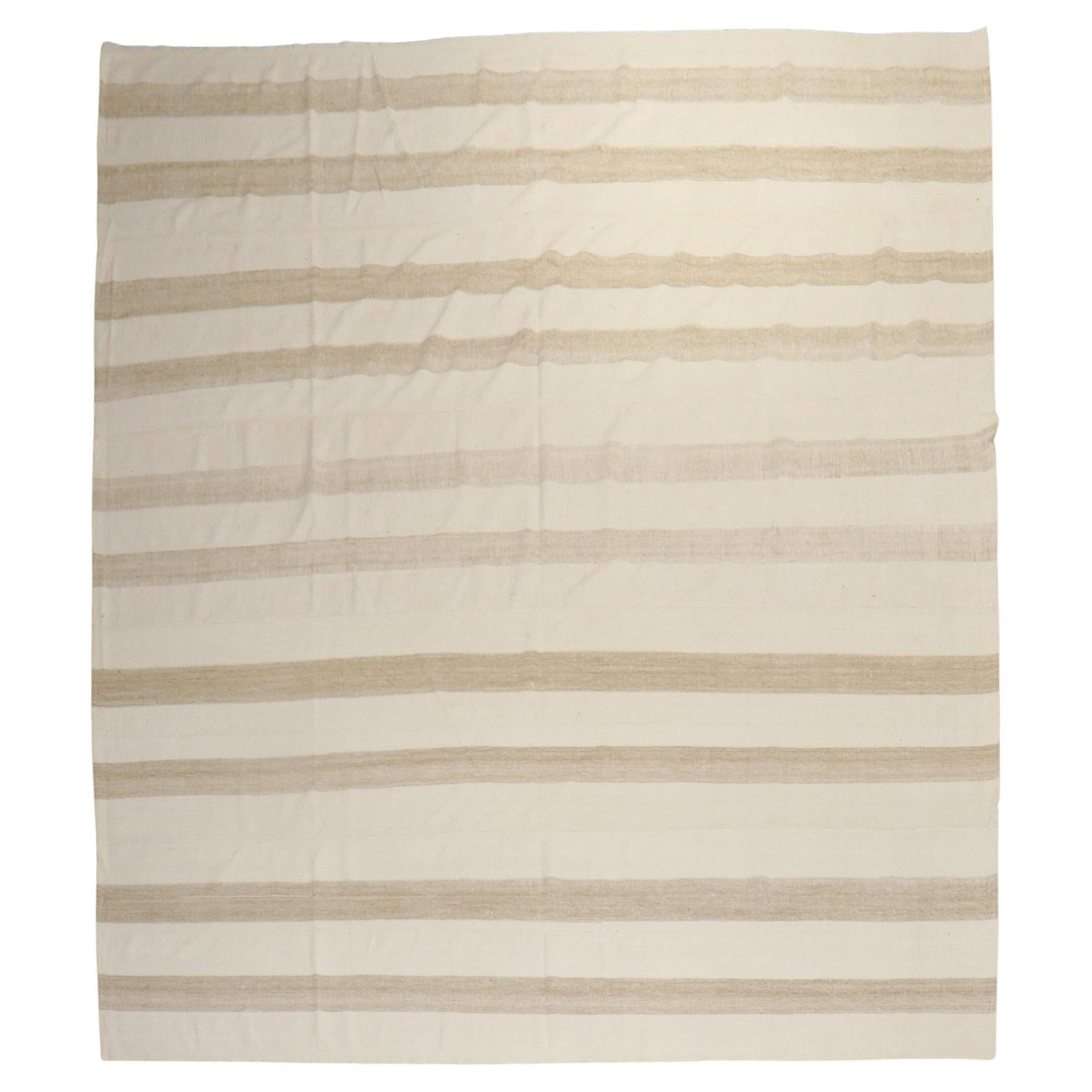 Vintage Inspired Striped Turkish Kilim 10'1 x 11'7 Cotton Goat Hair: Vintage Inspired Striped Turkish Kilim 10'1 x 11'7 Cotton Goat Hair Experience the charm of this Striped Vintage Inspired Turkish Square Kilim, meticulously crafted from a blend of recycled cotton and