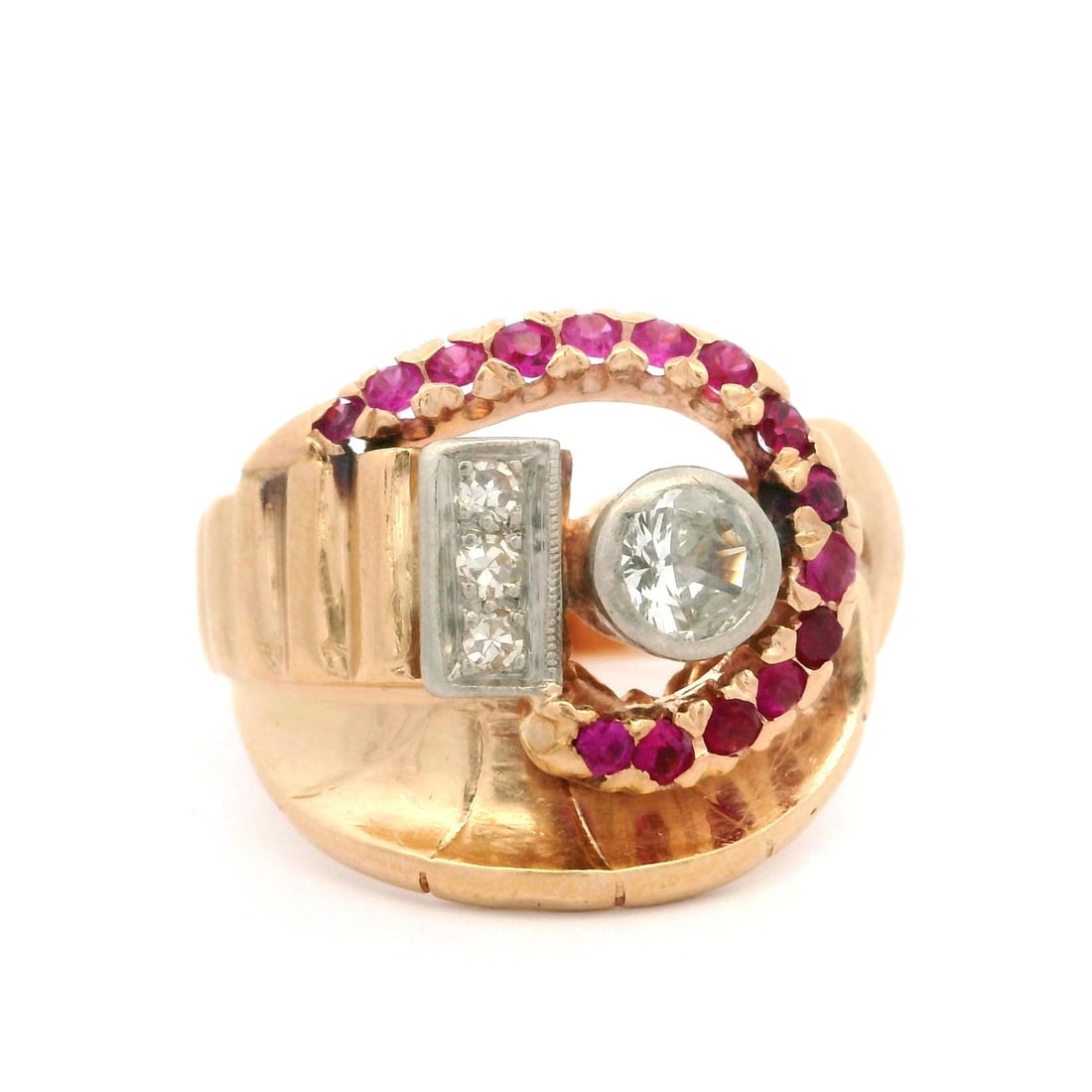 Vintage Retro 14k Rose Gold Ruby Diamond Cocktail Ring: Vintage Retro 14k Rose Gold Ruby Diamond Cocktail Ring This exquisite Vintage Retro dinner ring features a stunning combination of 14k rose gold and palladium, adorned with vibrant rubies and sparklin