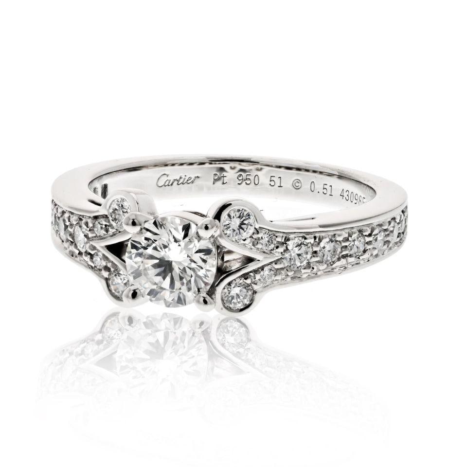 Cartier Ballerine Platinum Solitaire Ring 0.51ct Round Diamond: Cartier Ballerine Platinum Solitaire Ring 0.51ct Round Diamond Introducing the exquisite Cartier Ballerine Solitaire Ring, a captivating estate piece expertly crafted from luxurious platinum. This stu