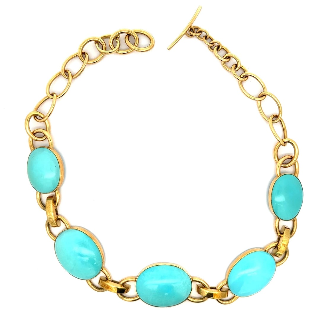 Faraone 18k Yellow Gold Turquoise Open Link Necklace Adjustable 16 to 18: Faraone 18k Yellow Gold Turquoise Open Link Necklace Adjustable 16 to 18 Large open-link adjustable necklace by Faraone Mennella, crafted in solid 18k yellow gold and set with five natural turquoise c