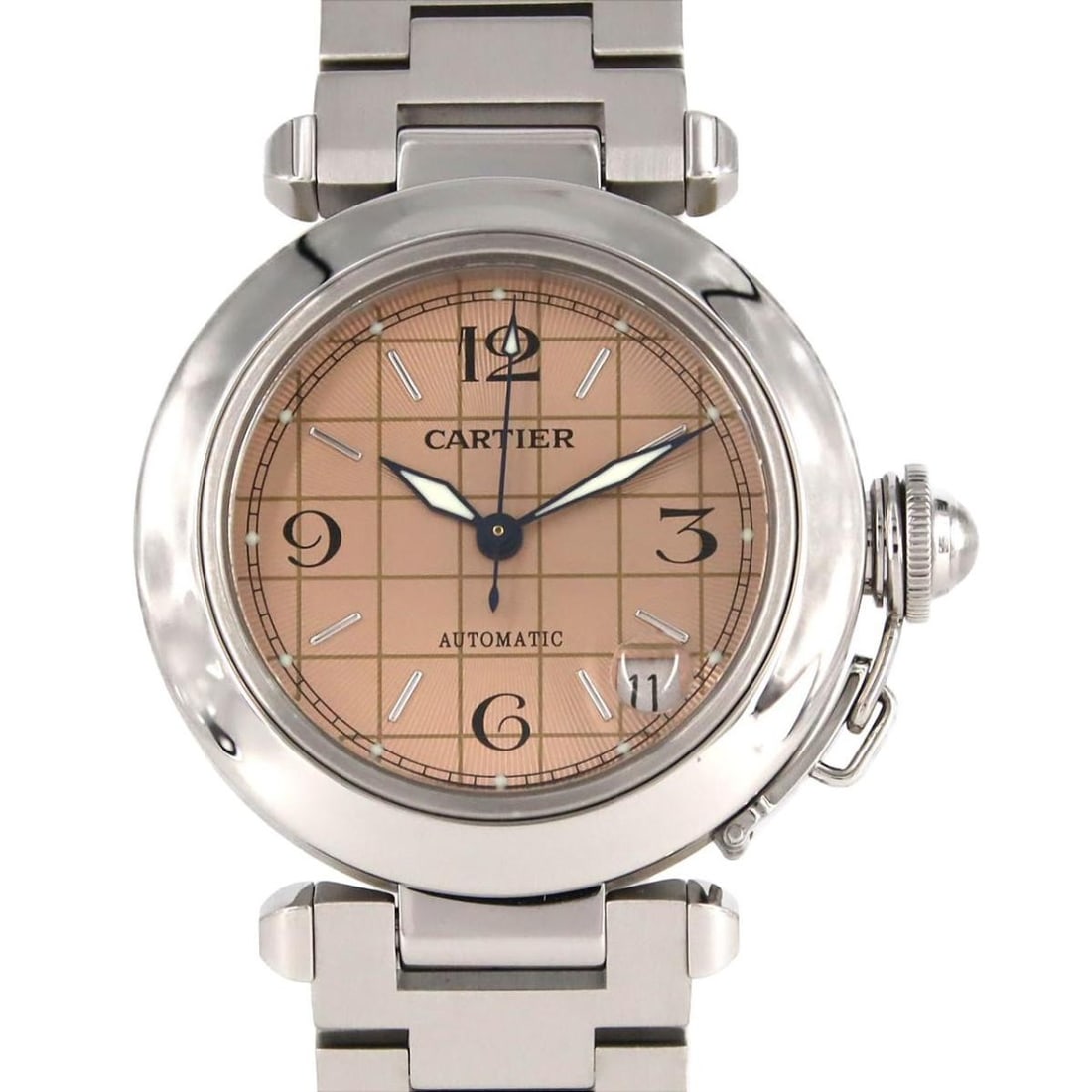 Cartier W31024M7 Pasha C automatic steel watch pink grid dial 35mm: Cartier W31024M7 Pasha C automatic steel watch pink grid dial 35mm This Cartier Pasha C wristwatch, model W31024M7, features a 35mm stainless steel case and bracelet with a salmon pink grid dial. It i