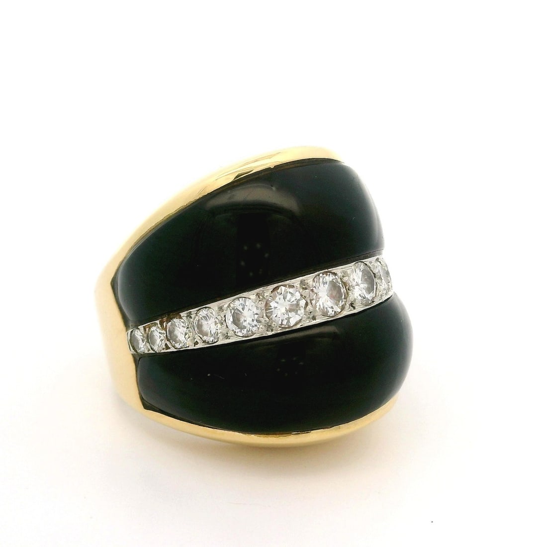 Vintage 18k Yellow Gold Onyx Diamond Statement Band Ring 1.0ctw: Vintage 18k Yellow Gold Onyx Diamond Statement Band Ring 1.0ctw This stunning vintage statement band ring showcases a luxurious combination of natural black onyx and sparkling diamonds. The ring featu