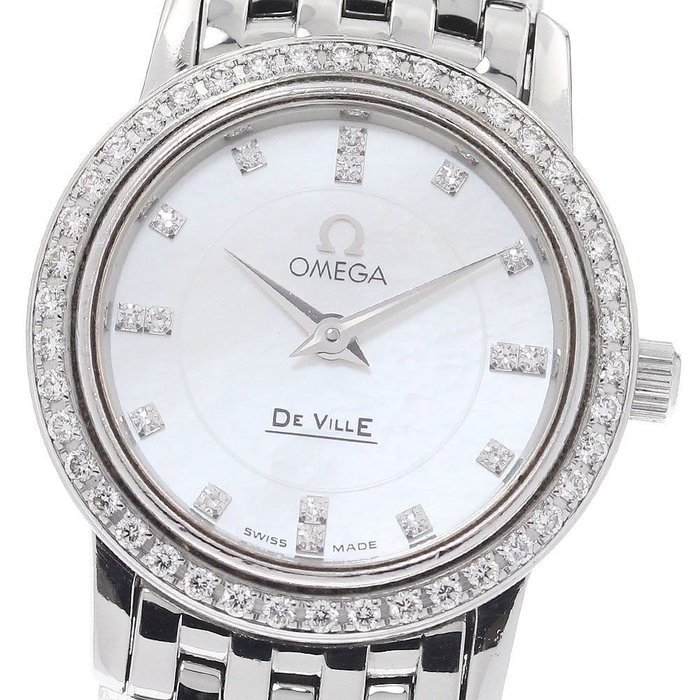 Omega De Ville Prestige 4575.75 womens quartz diamond bezel watch: Omega De Ville Prestige 4575.75 womens quartz diamond bezel watch Pre-owned Omega De Ville Prestige ladies wristwatch with a quartz movement and a white mother-of-pearl dial. This stainless steel watc
