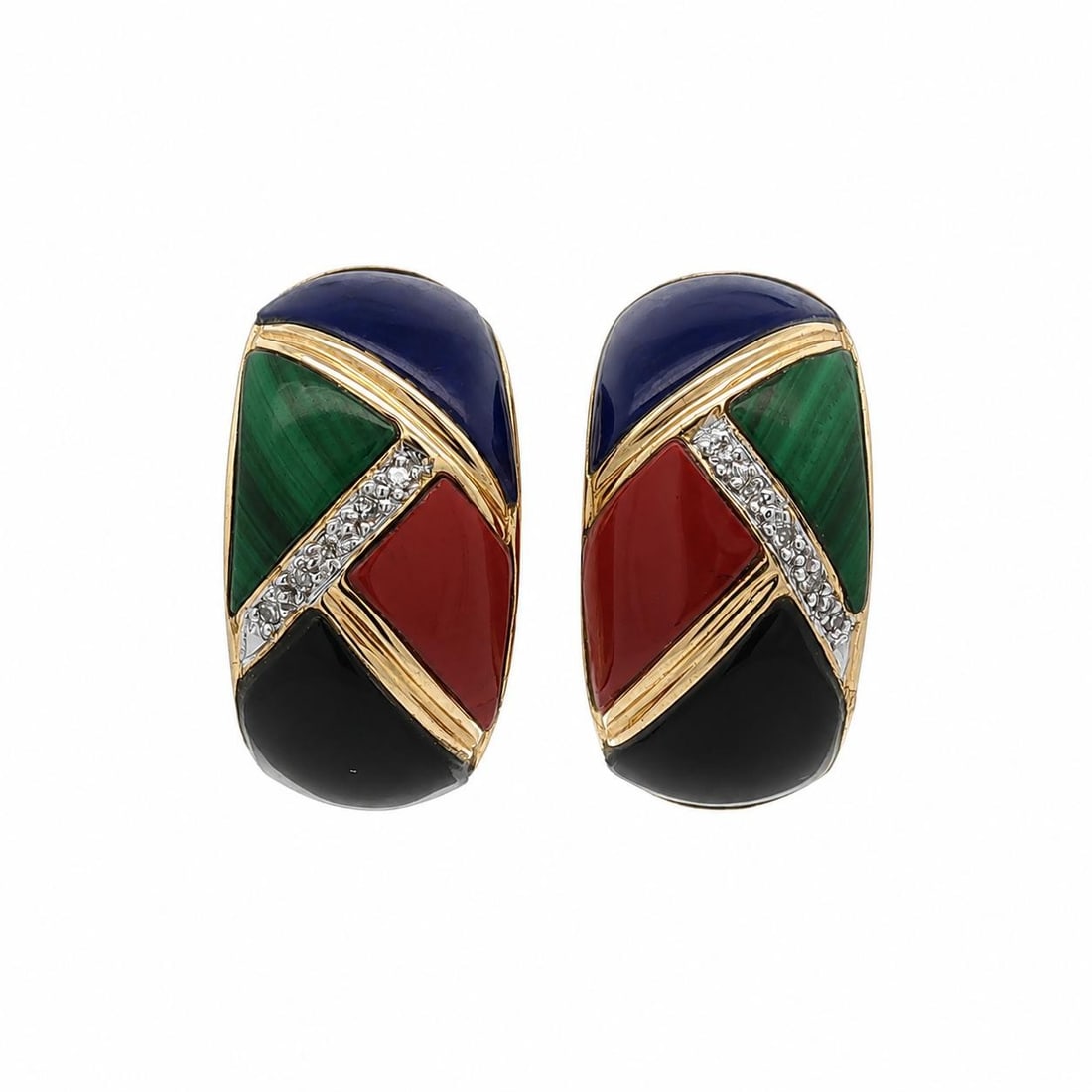 Vintage 14k Yellow Gold Curved Cuff Earrings with Onyx Diamond Inlay: Vintage 14k Yellow Gold Curved Cuff Earrings with Onyx Diamond Inlay Vintage curved cuff earrings crafted in solid 14k yellow gold with colorful inlaid natural gemstones and diamond accents. The desig