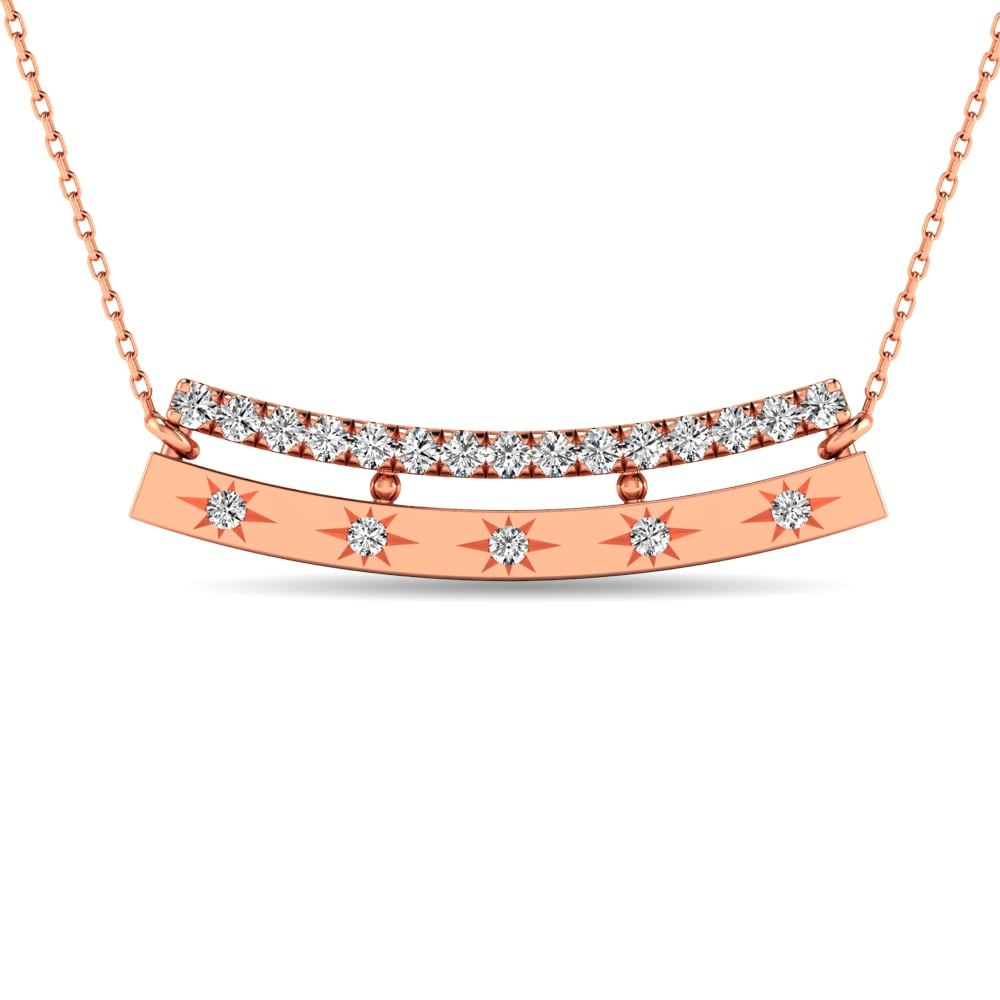 Diamond 1/5 Ct.tw Bar Necklace in 14K Rose Gold: Diamond 1/5 Ct.tw Bar Necklace in 14K Rose Gold 14k Rose Gold Stone Color: G-h Stone Clarity: I1 Unless otherwise specified, pendants that include a chain are paired with our standard 18-inch length. 
