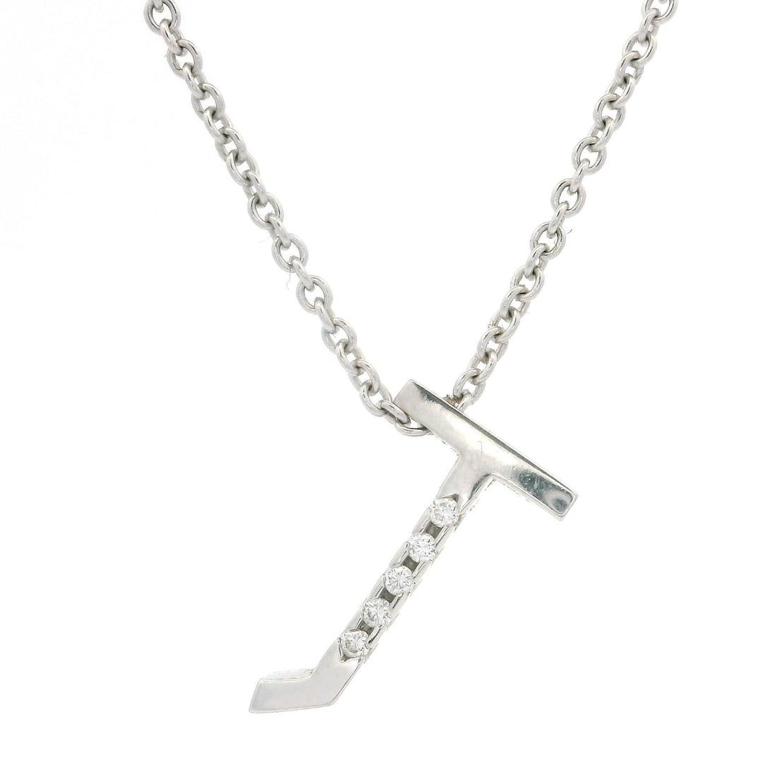 18k White Gold Diamond Initial J Slide Pendant on Cable Chain: 18k White Gold Diamond Initial J Slide Pendant on Cable Chain This elegant slide pendant features the initial letter 'J' crafted from solid 18k white gold, adorned with five natural round brilliant cu