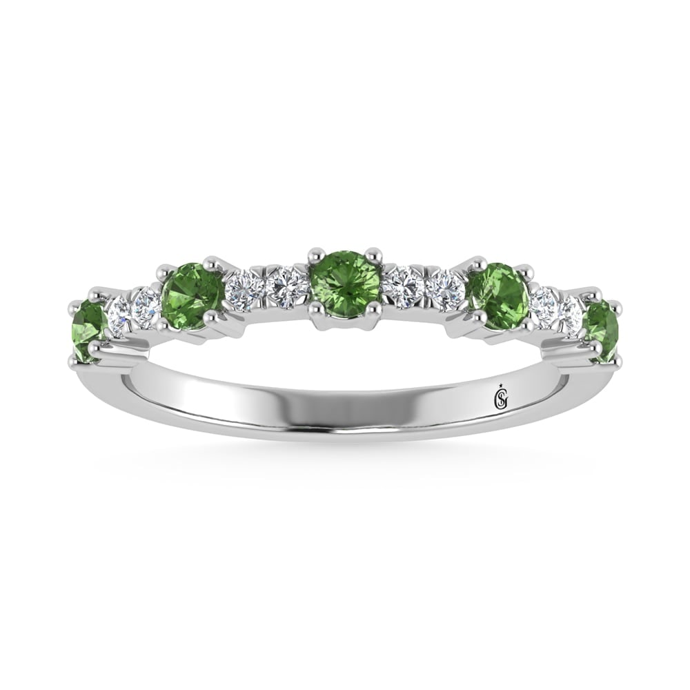 14K White Gold Diamond 3/8 Ct. Tw. Alternate Diamond and Peridot Stackable Band: 14K White Gold Diamond 3/8 Ct. Tw. Alternate Diamond and Peridot Stackable Band 14k White Gold Stone Color: G-h Stone Clarity: Si3 Each ring is presented in standard size 6.5. Complimentary resizing i