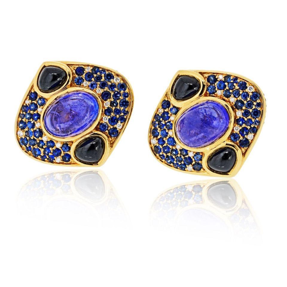 Marina B. 18K Yellow Gold Spinel Tanzanite Diamond Sapphire Earrings: Marina B. 18K Yellow Gold Spinel Tanzanite Diamond Sapphire Earrings Introducing exquisite Marina B. Lucilla earrings, crafted from luxurious 18K yellow gold. These stunning earrings weigh 23.5 grams 