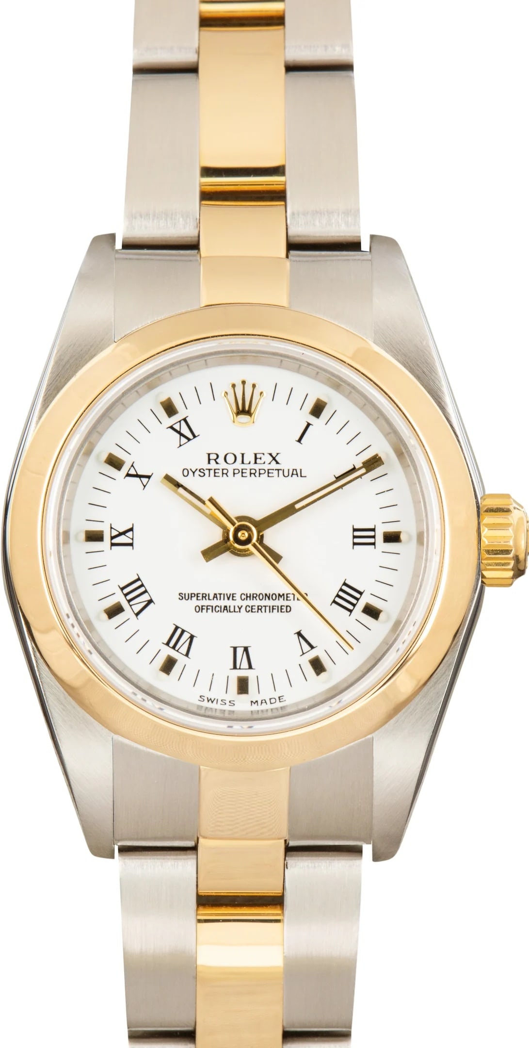 Rolex Oyster Perpetual Ladies Watch White Roman Dial Ref 67183: Rolex Oyster Perpetual Ladies Watch White Roman Dial Ref 67183 This Rolex Oyster Perpetual features a white Roman numeral dial set within a smooth bezel, paired with the classic Oyster bracelet. Desig
