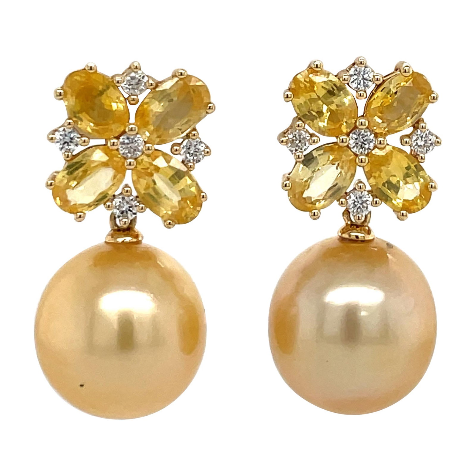 18K Gold Drop Earrings with South Sea Pearls Sapphires and Diamonds: 18K Gold Drop Earrings with South Sea Pearls Sapphires and Diamonds Contemporary 18 karat yellow gold drop earrings featuring oval-cut sapphires, diamonds, and golden South Sea pearls. The design incl
