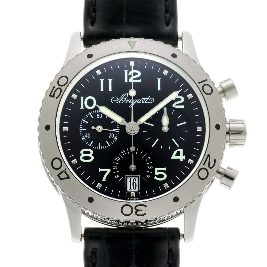 Breguet Type XX 3820 Stainless Steel Flyback Chronograph Watch: Breguet Type XX 3820 Stainless Steel Flyback Chronograph Watch This Breguet Transatlantique Type XX Automatic 3820 men's wristwatch features a stainless steel case with a black dial and an automatic m