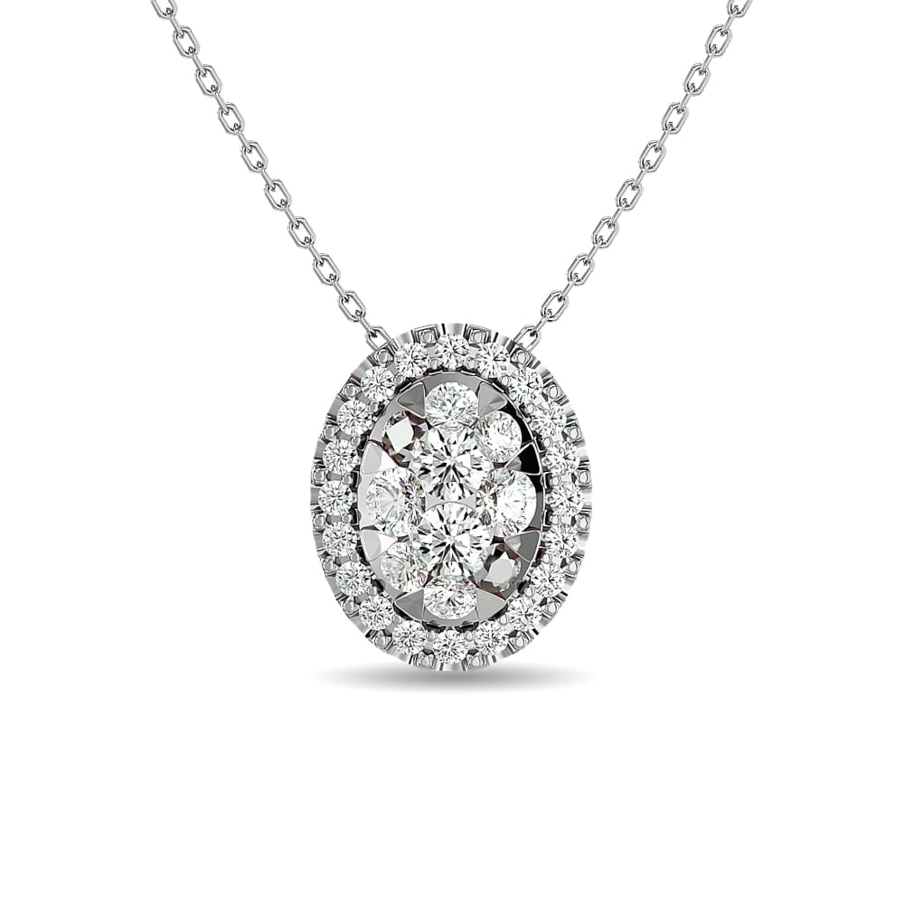Diamond 1/2 Ct.tw Oval Shape Cluster Pendant in 14K White Gold: Diamond 1/2 Ct.tw Oval Shape Cluster Pendant in 14K White Gold 14k White Gold Stone Color: Gh Stone Clarity: Si1 Unless otherwise specified, pendants that include a chain are paired with our standard 