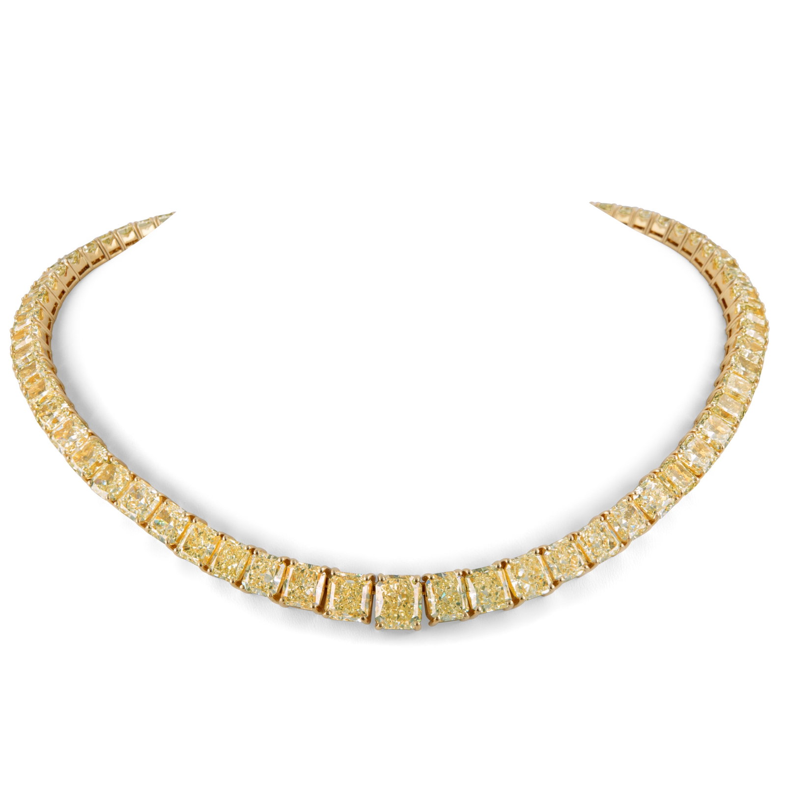 GIA 116.80ct Yellow Diamond Riviera Necklace 18k Gold: GIA 116.80ct Yellow Diamond Riviera Necklace 18k Gold This stunning GIA-certified 116.80ct Yellow Diamond Tennis Riviera Necklace showcases an exquisite design crafted from 18k yellow gold. The neckla
